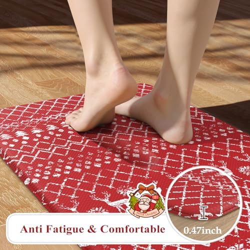 KIMODE Christmas Kitchen Rugs Sets of 2, Anti Fatigue Mats for Kitchen Floor, Farmhouse Red Christmas Kitchen Decor, Cushioned Kitchen Floor Mats Non Slip for Sink Laundry Desk 17"x47"+17"x29"