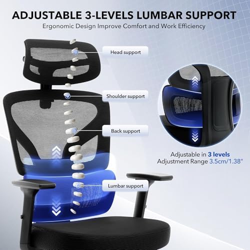 Ergonomic Mesh Office Chair with Footrest, 135° Reclining, Black