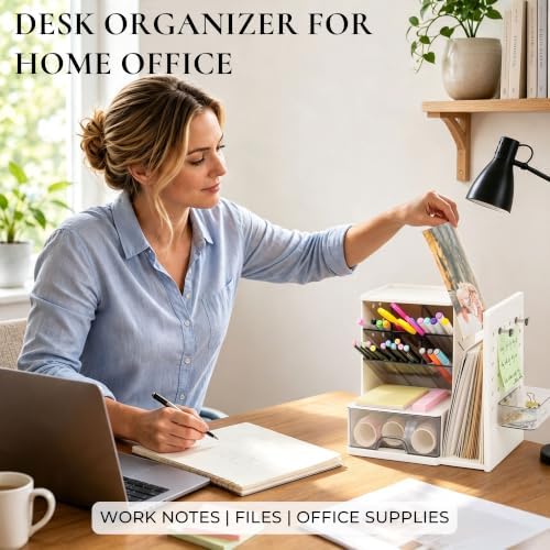 Desk Organizer with Drawer, Pen Holder with Slanted Pen Grooves White
