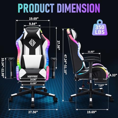 HOFFREE RGB Gaming Chair for Kids LED Computer Chair 155°Recliner-White