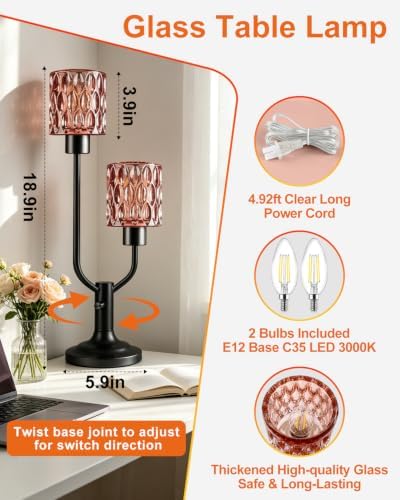 Mid Century Modern Table Lamp Dimmable Red Glass Vintage Lamp Gift