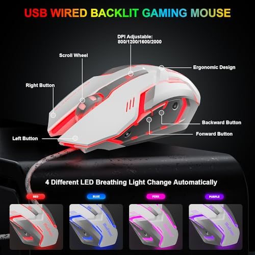 BlueFinger RGB Gaming Keyboard and Backlit Mouse Combo, USB Wired, LED Gaming Set for Laptop PC Computer Game and Work (White & Black)