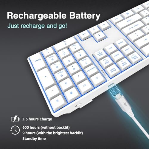 POWZAN Wireless Backlit Keyboard Quiet - Computer Rechargeable Ergonomic Light UP Keyboard, Silent Keys Full Size Compatible for Windows, Desktop, Laptop, PC, Gaming, PS5 - White