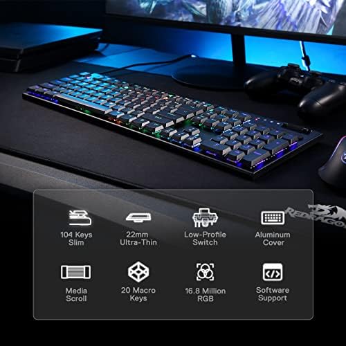 Redragon K619 Horus RGB Mechanical Keyboard, Ultra-Thin Designed Wired Gaming Keyboard w/Low Profile Keycaps, Dedicated Media Control & Linear Red Switch, Pro Software Supported