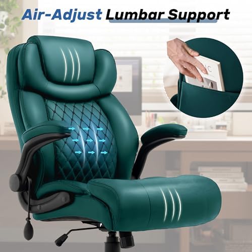 500LBS Big and Tall Executive Office Chair with Adjustable Lumbar Support,Extra Wide Seat for Ergonomic Computer Desk Chair Flip-up Arm,Home Office Chair Spring Cushion Upgraded Metal Base, PU Green