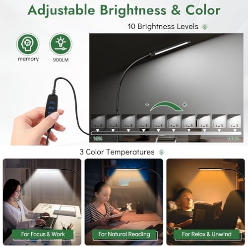 Clamp Lamp for Desk, Eye-Caring LED Clip Light for Home Office
