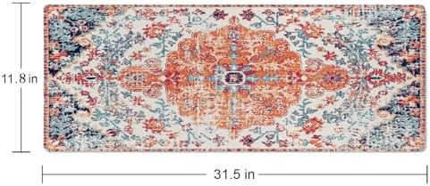 Large Gaming Mouse Pad with Stitched Edges, Carpet Pattern Boho Style Ethnic Design Orange Pink Desk Mat, Extended Keyboard Pad, Non-Slip Rubber Base Desk Pad for Keyboard and Mouse, 31.5X11.8 inch