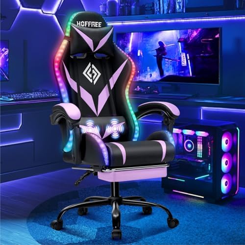 RGB Gaming Chair with Massage & Footrest Racing Style Computer Chair-Purple
