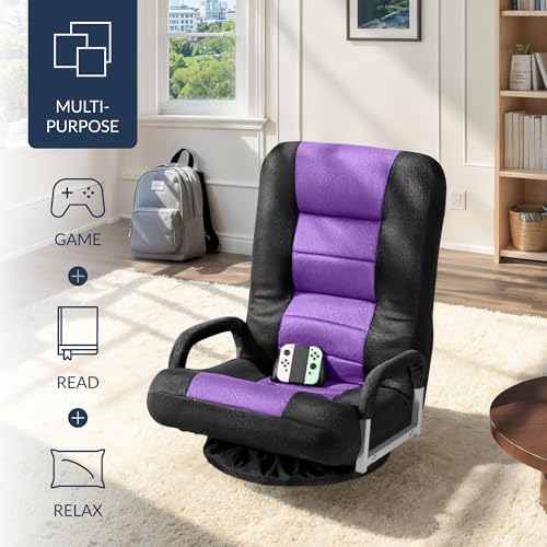 Best Choice Products Swivel Gaming Chair 360 Degree Multipurpose Floor Chair Rocker for TV, Reading, Playing Video Games w/Lumbar Support, Armrest Handles, Adjustable Foldable Backrest - Black/Purple