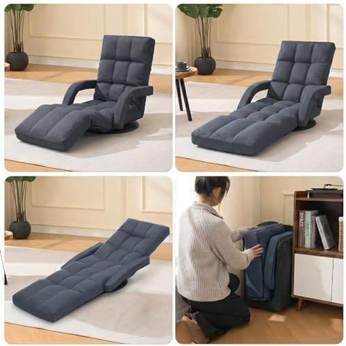 360° Swivel Floor Gaming Chair with Adjustable Footrest, 14-Position Folding Floor Lounger Sofa with Armrests, Reclining Floor Chair for Adults, Reading, Gaming & Relaxing (Grey)