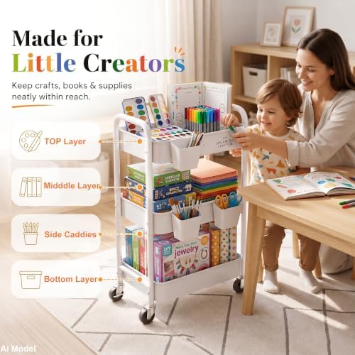 3 Tier Rolling Cart Metal with Wheels, White Three Tiered Carts on Wheels