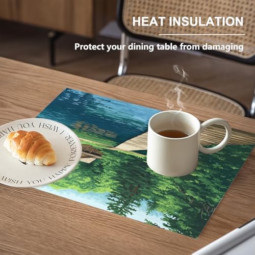 Peaceful Retreat Forest Getaway Linen Placemats, Lakeside Dwelling Wooden Abode Table Mats for Table Washable Heat Insulation Thick Dining Mat, Indoor/Outdoor 12X18 in 4 Pcs