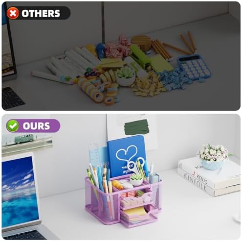 Marbrasse Mesh Desk Organizer, Pen Holder with 2 Drawer, Multi-Functional Pencil Holder, Desk Organizers and Accessories with 5 Compartments + Drawer for Office Art Supplies (Purple)
