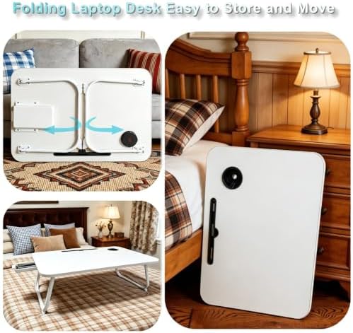 27.6" Home Office Folding Lap Desk with Drawer, Tablet Slot, Cup Holder - Fits up to 18 Inch Laptops, Bed Desk for Reading, Writing, Eating, Portable Laptop Table for Sofa, Coach, Floor (White)