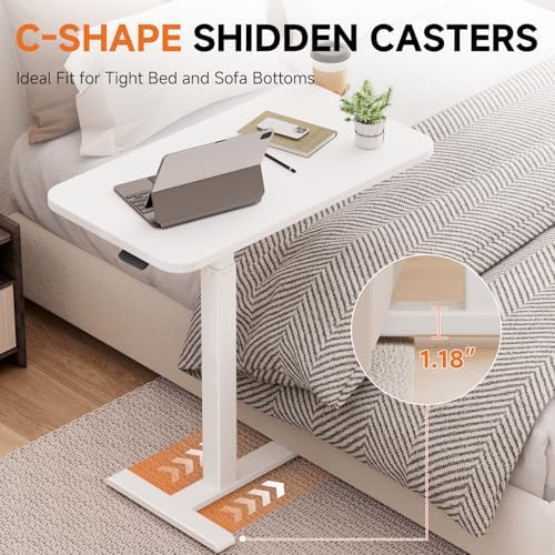 GTPLAYER Small Standing Desk with Hidden Wheels, Pneumatic Mobile Rolling Laptop Desk, Adjustable Height Overbed Bedside Table Computer Workstation for Home Office (32" W x 16" D, White)