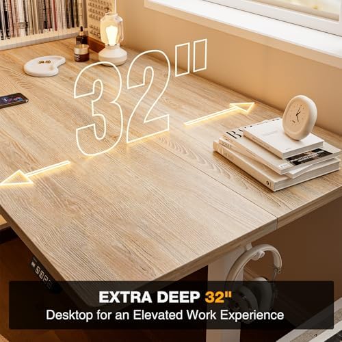 Grandder 47x32 Large Electric Standing Desk, Height Adjustable Computer Desk with 2 Memory Presets, 31.5" Deep Desktop Sit Stand Desk Home Office Desk Workstation Table with Hooks, Maple