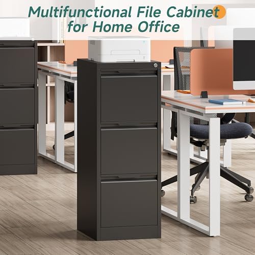 3 Drawer File Cabinet with Lock,Metal File Cabinet for Home Office,Black Vertical Filing Cabinets Heavy Duty Office Storage Cabinets for Letter/Legal/A4/F4 Size File, Assembly Required