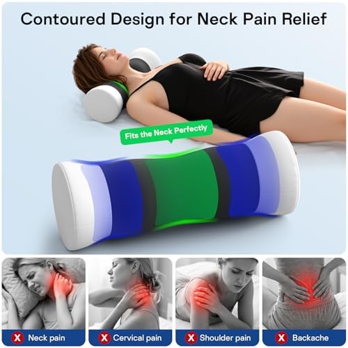 Neck Roll Pillow - Cooling Cover Round Neck Pillow for Sleeping - Memory Foam Cervical Support Pillow - Ergonomic Cylinder Pillows for Neck, Leg, Back, Yoga, Relaxing (Grey White)