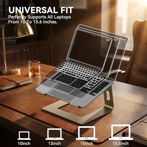SOUNDANCE Laptop Stand, Aluminum Ergonomic Desk Riser, 10-15.6", Gold
