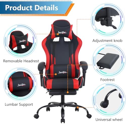 PayLessHere Ergonomic Racing Desk Chair Computer Chair Gaming Chair with Footrest Lumbar Support Headrest Armrest Task Rolling Swivel Ergonomic E-Sports Adjustable PC Gamer Chair (Red)
