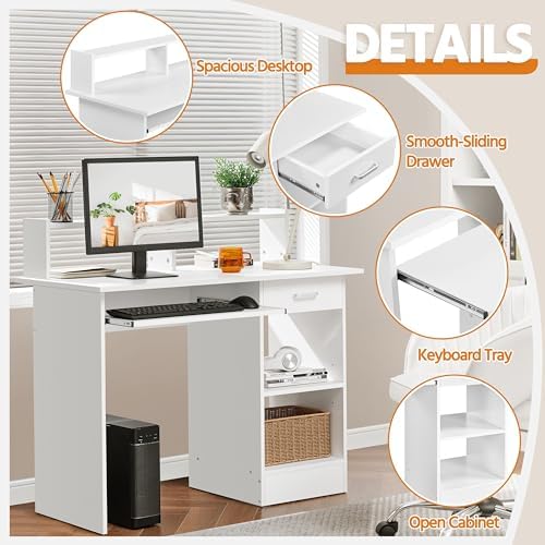 Yaheetech Computer Desk with Keyboard Tray, Drawers, and Shelves, White