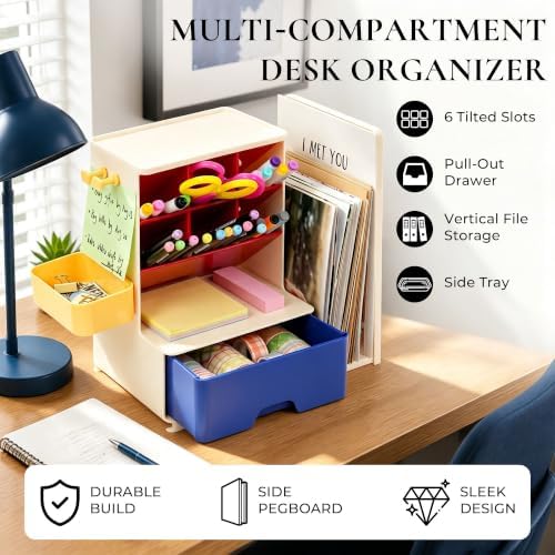 Desk Organizer with Drawer, Pen Holder with Slanted Pen Grooves Color