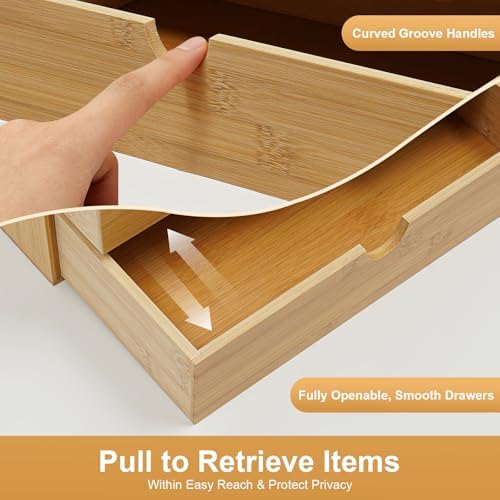 3 Drawers Bamboo Desk Organizer, Tabletop Storage Organization Multifunctional Desktop Organizer Office Wooden Drawer Mini Wood Desk Drawers Organizers for Home Office No Assembly Required