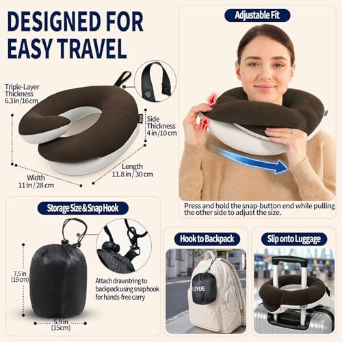 BUYUE Travel Neck Pillows for Airplanes, Memory Foam 360° Head Support Sleep for Long Flight, Skin-Friendly & Breathable, Kit with Eye Mask, Earplugs and Storage Bag (Adult, Brown, 90+ lbs)