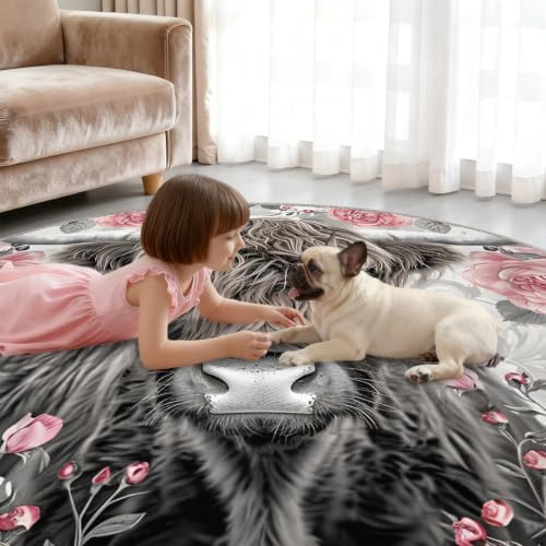Highland Cattle Round Rug - 6ft Washable Highland Cattle Round Area Rug for Living Room, Country Flowers Circle Rugs Soft Non-Slip Carpet for Bedroom Dining Table Decor Mat