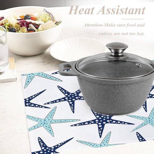 Shrahala Nautical Starfish Placemats, Table Mat Linen Burlap Washable Double-Deck Heat Insulation for Dining Table Kitchen Table Set of 4 (12 x 18 inch),Sky Blue White Navy Sea Star