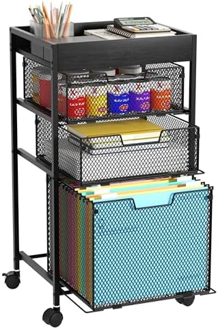 SWTYMIKI Rolling File Cart with Drawers - 4 Tier Under Desk Storage Craft Rolling Organizer Cart - Office Storage &Organization, Mobile Metal Filing Cabinet for Office and Home Black