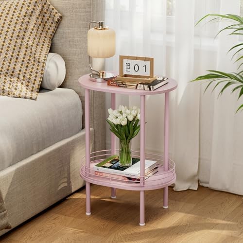 Pink Oval Nightstand Set of 2, Small Modern Round Side Table with Storage