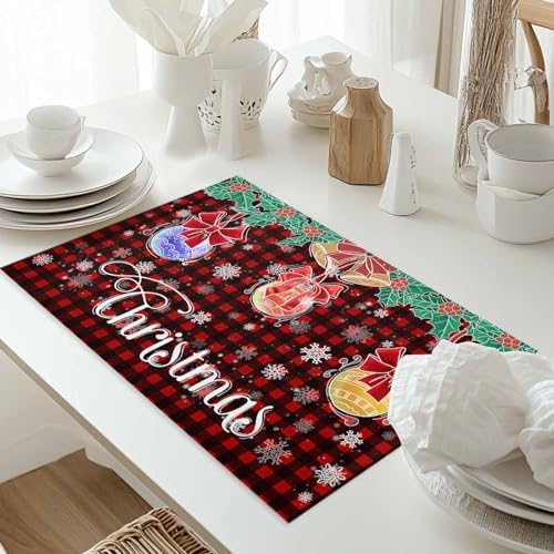 Balls Snowflake Placemats Set of 6, Xmas Plaid Decoration Washable Cotton Linen Table Mats for Kitchen Dining Table, Heat Insulation Place Mats for Indoor Outdoor Parties, Holiday Decorations
