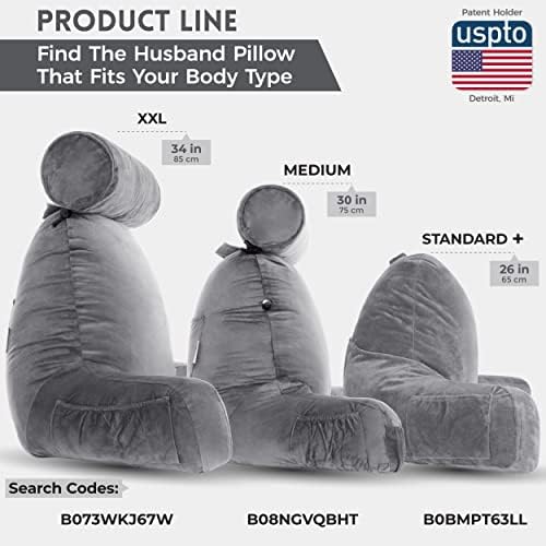 Husband Pillow Medium Reading Pillow with Arms - 23" Backrest for Sitting Up in Bed - Firm Support Bed Rest Pillow for Adults, Neck Roll, Removable Cover - TV, Reading, Lounging - Dark Grey