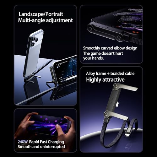 240W USB C to USB C Cable with Foldable Phone Stand, 4.9FT Braided Fast Charging Cord, 90 Degree Type C Charger Cable with Built-in Invisible Holder for Gaming, Office