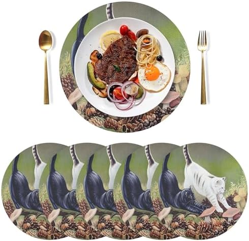 Round Placemats Cat Stretching Non-Slip Stain Heat Resistant Place Mats Washable Table Mats for Kitchen Dining Table Decor, Easy to Clean, Set of 6