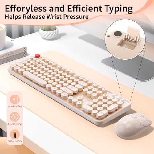 Wireless Keyboard Mouse, MOFII 104 Keys Cute Retro Typewriter Coffee