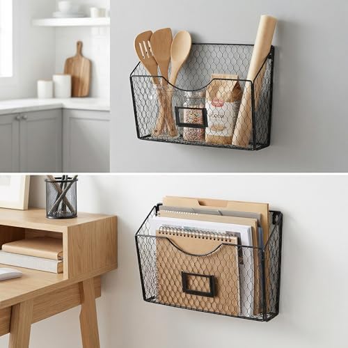 PAG-Mass 3 Pockets Hanging File Holder Wall Mount Mail Organizer Metal Chicken Wire Magazine Rack with Tag Slot, Black