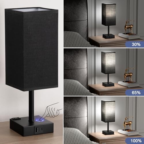 Set of 2 Black Table Lamp for Bedroom - Dimmable Touch, USB C+A, AC Outlet