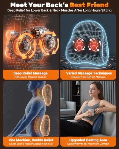 Electric Back Massager, Deep Tissue Kneading Heat for Pain Relief