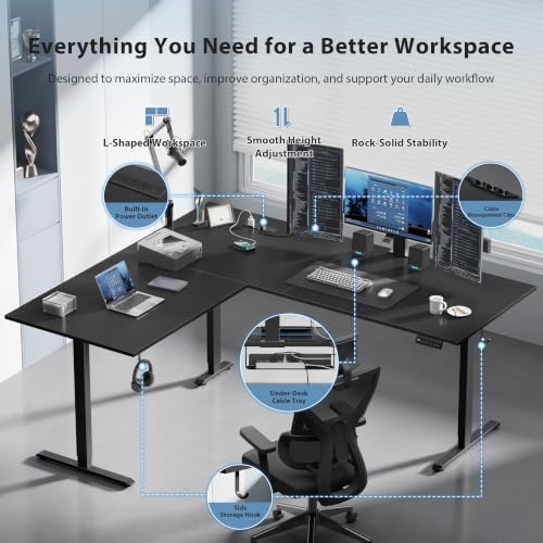 63x55 Inch L Shaped Electric Standing Desk, Corner Workstation, Black
