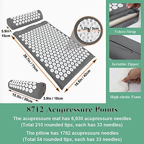 XiaoMaGe 28.7" Acupressure Mat and Pillow Set with Carry Bag (Gray)