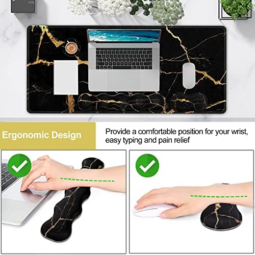 iLeadon Pad Set, Large Gaming Mouse Pad + Keyboard Wrist Rest + Mouse Pad with Wrist Support + Coaster, Easy Typing Pain Relief, 35.4x15.7in Desk Mat for Home Office, Black Gold Marble