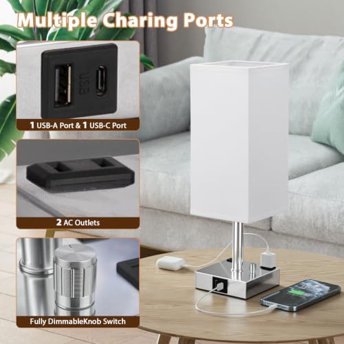Silver Bedside Table Lamps Set of 2 - Dimmable, USB C+A, 2 AC Outlets