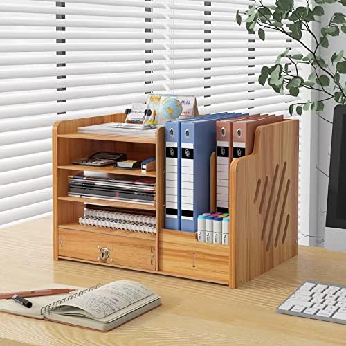 Bamboo Desk Organizer, Desktop Wood Bookshelf File Organizer, Pen Holder and Tissue Holder, 1 Drawer with lock for Office, Home, Need to Install(Cherry Wood)