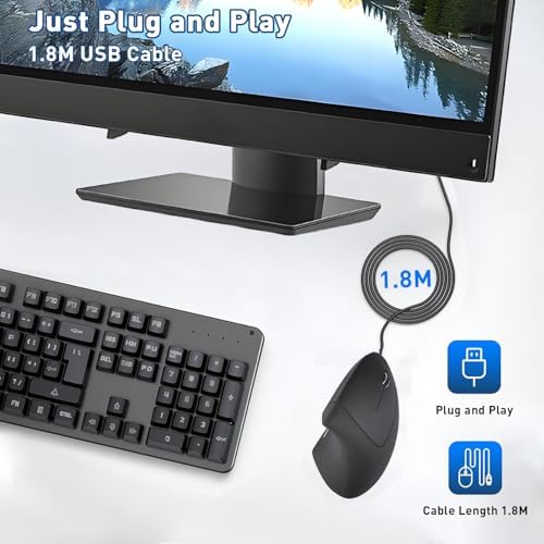 Wired Ergonomic Mouse, USB Wired Vertical Mouse with 800/1200/1600 Adjustable DPI, 6 Buttons Ergonomic Mouse for Laptop/PC/Desktop-Black