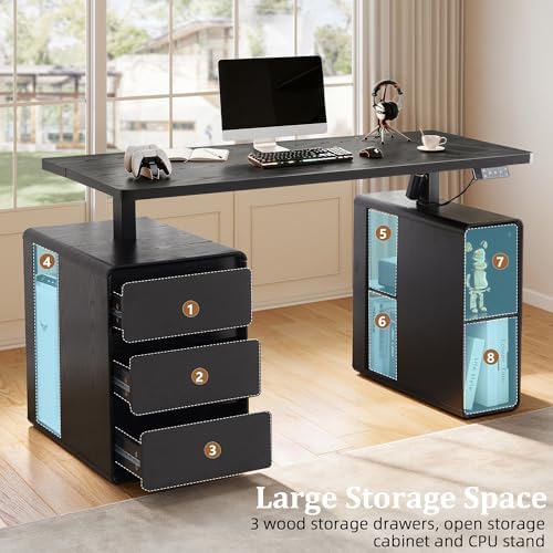 Electric Standing Desk with Drawers, 55" Office Desk Height Adjustable Executive Desk with Storage Shelves, Simple Setup Wood Desk Home Office Stand up Desk for Work, Study, Writing, Black