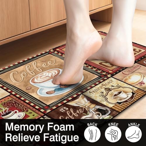 Coffee Anti Fatigue Kitchen Mats, 17.3"x47"+17.3"x29", Brown