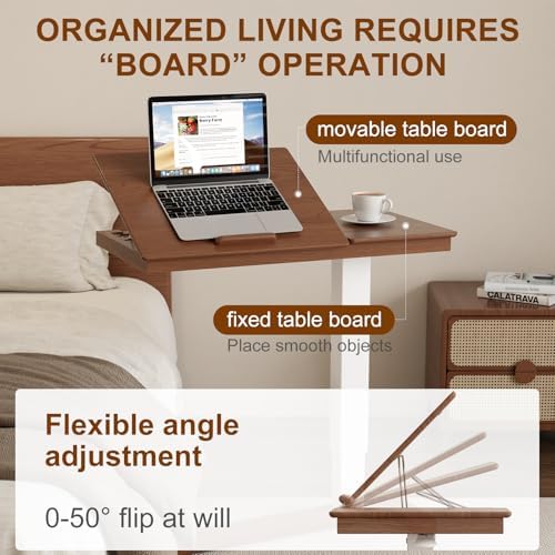 Muwuele Solid Wood Overbed Bedside Table with Wheels, Adjustable Medical Tilt Top Hospital Bed Table Over The Bed, Rolling Laptop Desk, Mobile Standing Desk for Hospital and Home Use (Walnut)