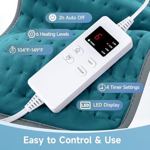 Heating Pad for Back Neck Shoudler Period Cramps Pain Relief，Portable Heating Pad Christmas Mother's Gifts for Women, Men, Mom, Wife, 6 Heat Levels & 4 Timer (Cyan)
